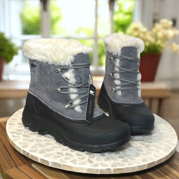 Sorel Snow Angel Insulated NL3482-052 Gray Black Winter Boots Faux Fur Women’s 7 - Picture 1 of 13